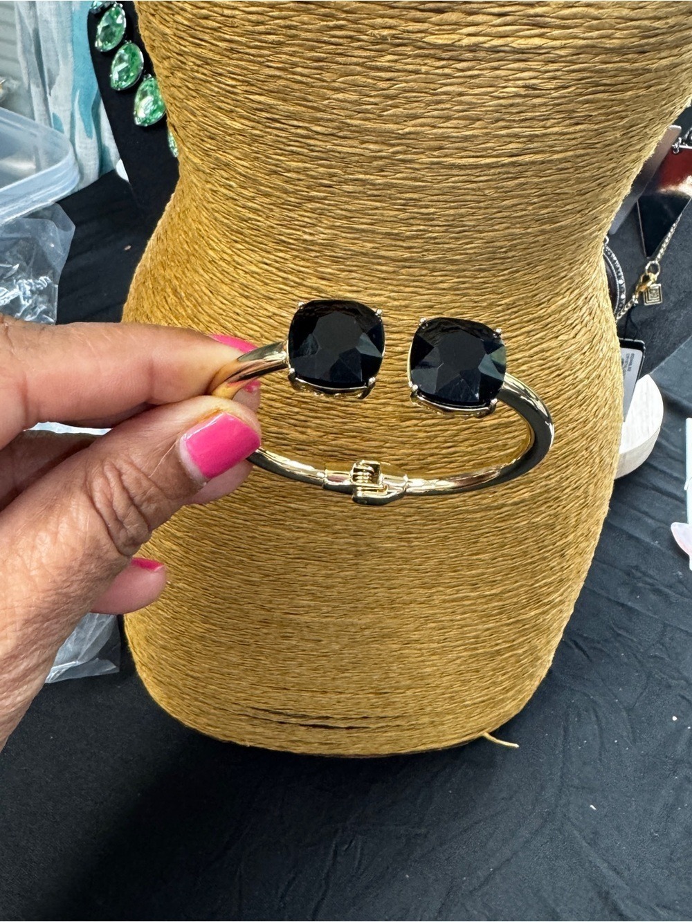 Gold Cuff Bracelet with Large Black Gemstones